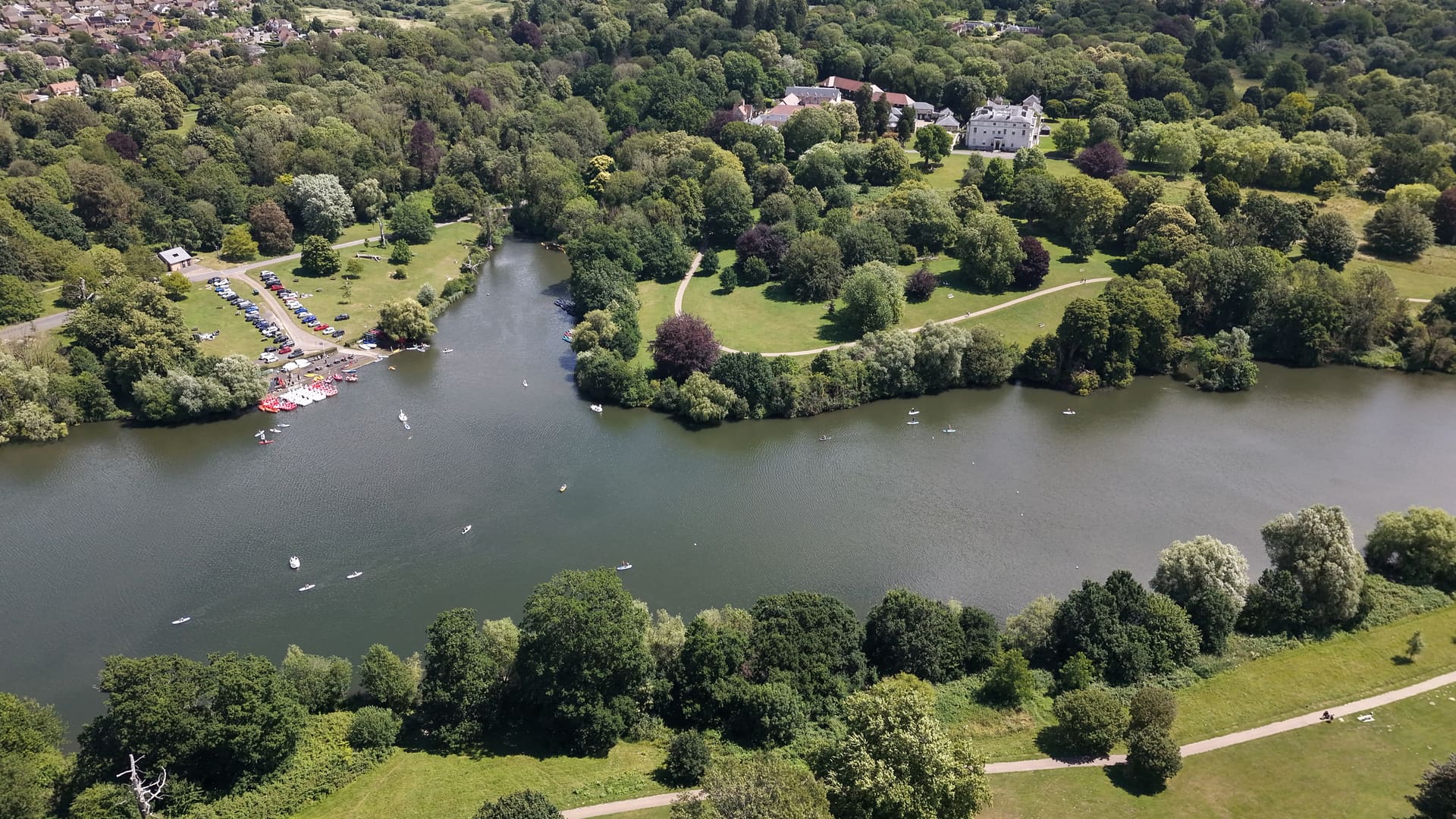 A lake, photographed from above the water.