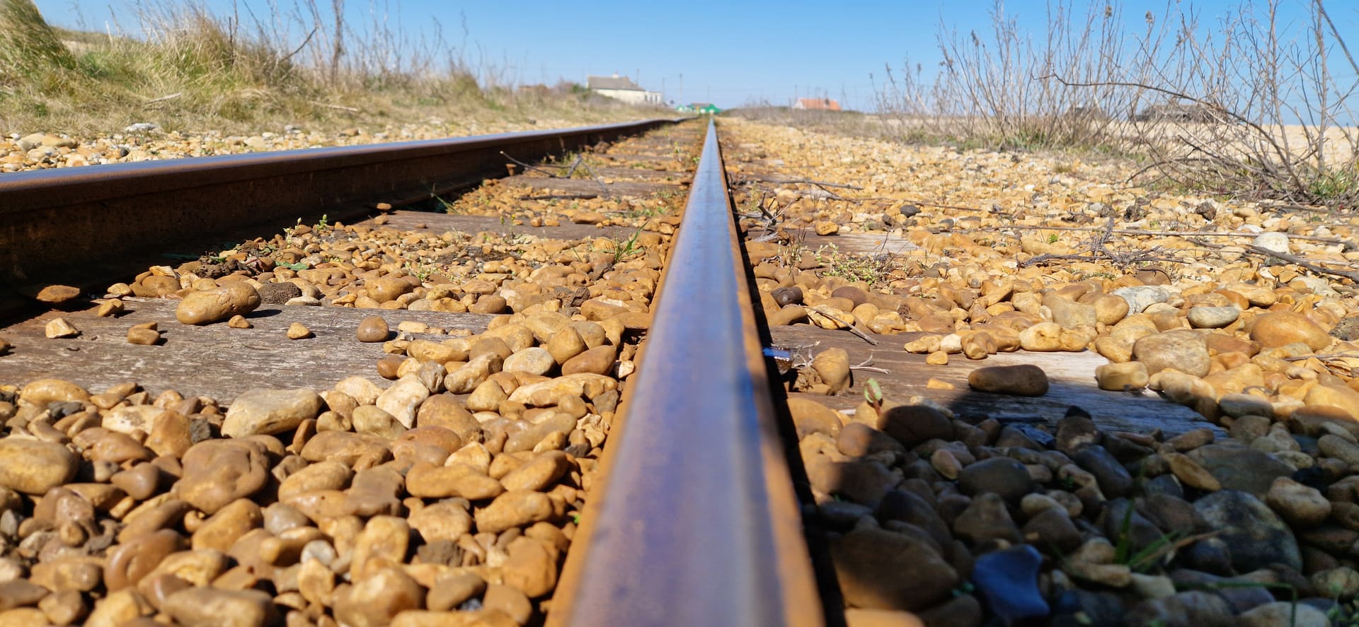 A railway line, shot at ground level.