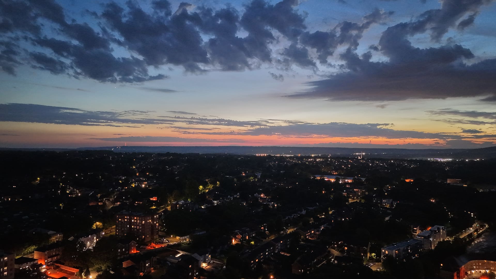 The town at dusk, several hundred feet up.